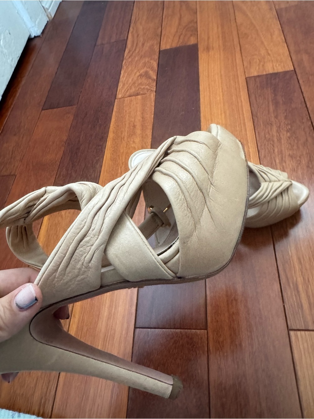 Prada Tan Knotted Leather Heeled Sandals - Picture 4 of 5